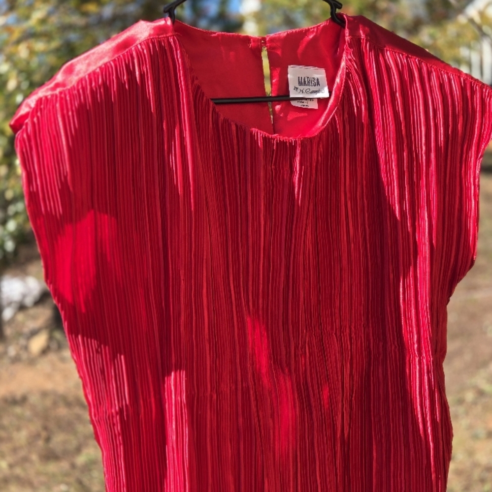 Red Pleated Cap Sleeve Blouse